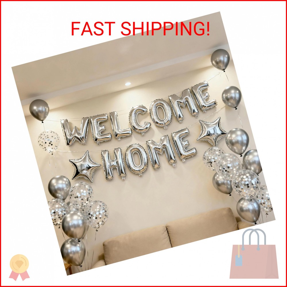 JumDaQQ Welcome Home Letter Balloon Silver Banner with Star Confetti Balloons fo