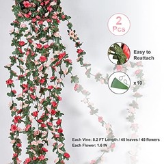 2Pcs 16.4Ft Fake Flower Garland Artificial Rose Vines | Pink Faux Flower