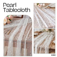 Pearl Table Runner Tulle Fabric Lace Tablecloth Beaded 63″ x 118″, 1pc White