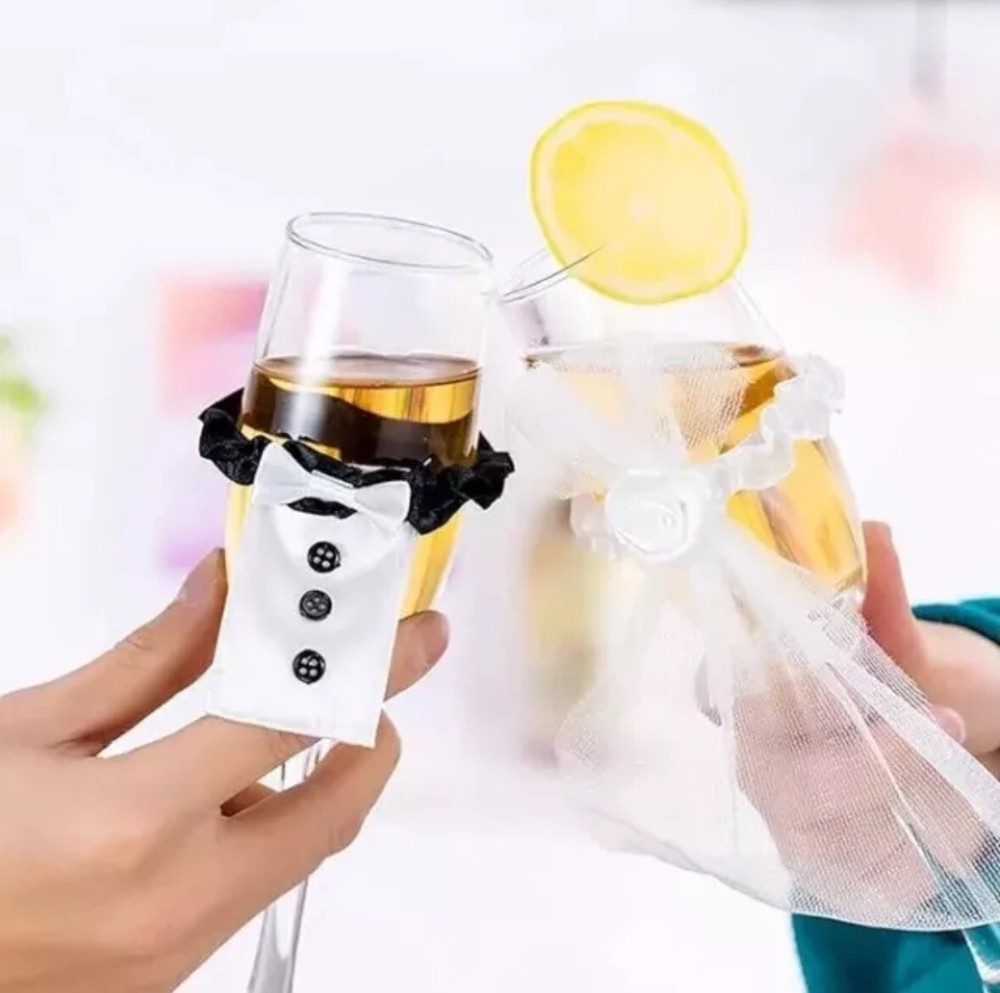 Wedding Bride Groom Dress Wine Cups Wrap Champagne Glass Bottle Cover Decoration