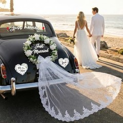 Just Married Car Decorations Set – White Floral Wreath with Long Tulle, Static