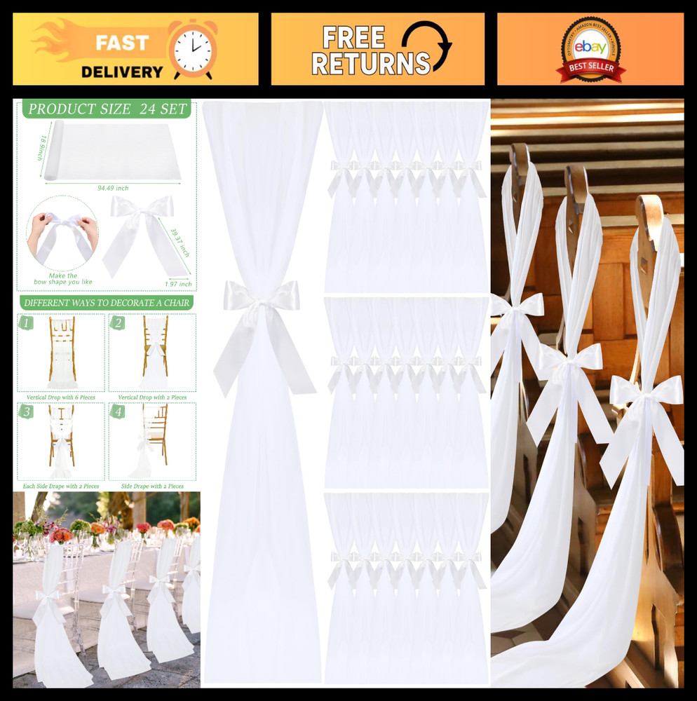 24 Sets White Chair Sashes with Ribbons & Tulle – Wedding Aisle Decor, Pew Decor