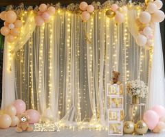 Champagne Tulle Backdrop Curtain with Lights String for Parites Wedding 5X8Ft