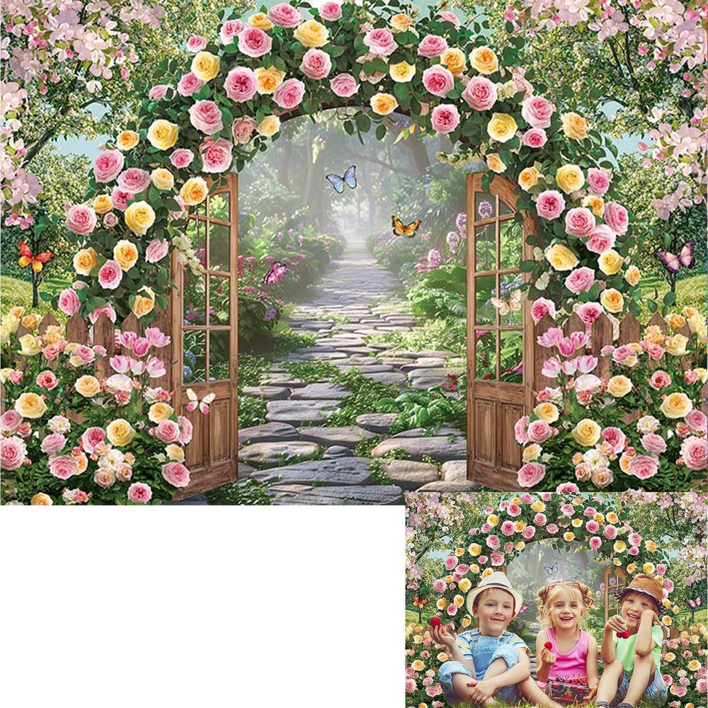 Spring Garden Flowers Backdrop Floral Arch 7x5FT(82 x 59 inch), gold