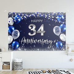 Happy 34th Anniversary Backdrop Banner – Navy Blue Silver Glitter, 47.2×70.9 in