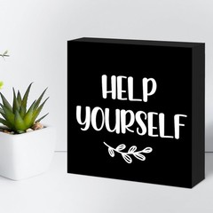 Help Yourself Black Wood Block Sign Desk Decor,Rustic Wooden Box Plaque Sign …