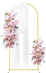 Gold Metal Arch Wedding Backdrop w/ White Fabric Drape & Pink Floral Decor
