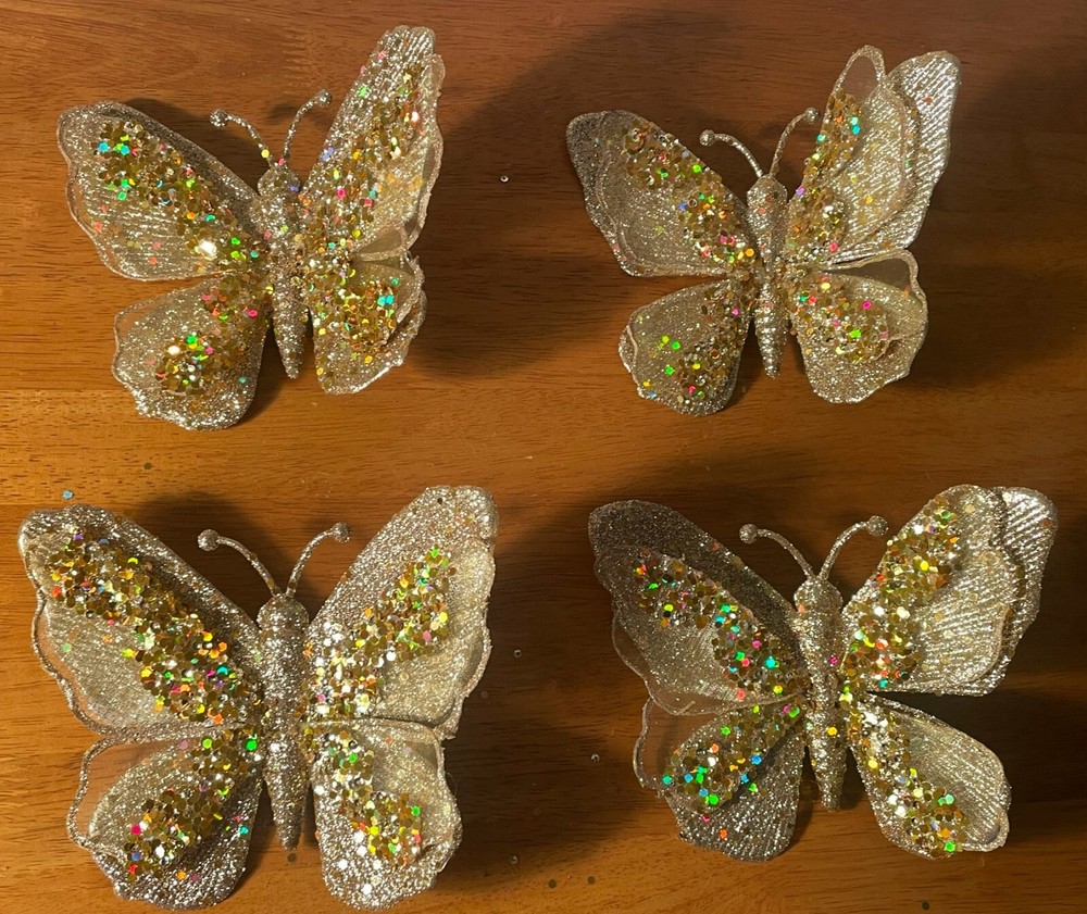 Gold Butterfly Clip Set of 4 Large 6″ Wedding Decorations Sparkly Glitter New