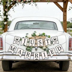 Just Married Banner Car Decoration 2Pcs Black Wedding Bunting Garland Signs