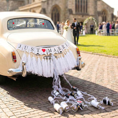 15 Pcs Just Married Wedding Car Decoration Kit – Black & White Handmade Aluminum