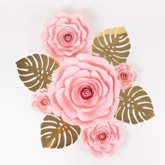 9 PINK 3D Rose Paper Flowers with Gold Monstera Leaves Wedding Decorations