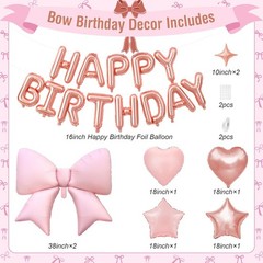 Rose Gold Birthday Decorations for Women,Pink Bow Birthday Decor 3D Foil Rose…