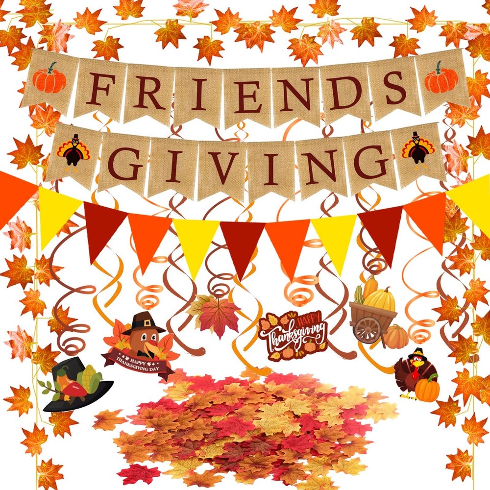FRIENDSGIVING Burlap Banner Paper Triangular Bunting Maple leaf Garland Plast…