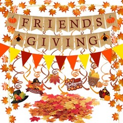 FRIENDSGIVING Burlap Banner Paper Triangular Bunting Maple leaf Garland Plast…