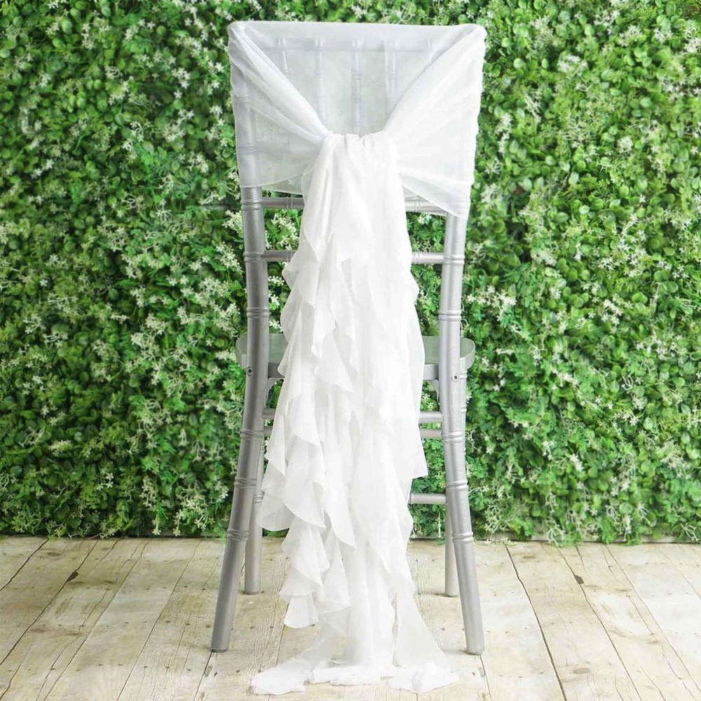 White Premium Curly Chiffon CHAIRS Covers Cap SASHES Bows Ties Wedding Home