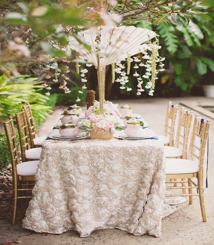Rosette Satin Tablecloth 90″x132″ Grandiose Ribbon Rose 6ft Cake Table Cover