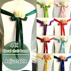 4 X Floral Chair Ribbon Sash Cover Adjustable Ribbon Satin Bow Wedding Party
