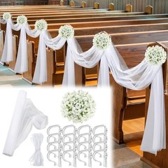 34 Pcs Church Pew Wedding Decorations Fabric Tulle Silk Flower Pew Clips White