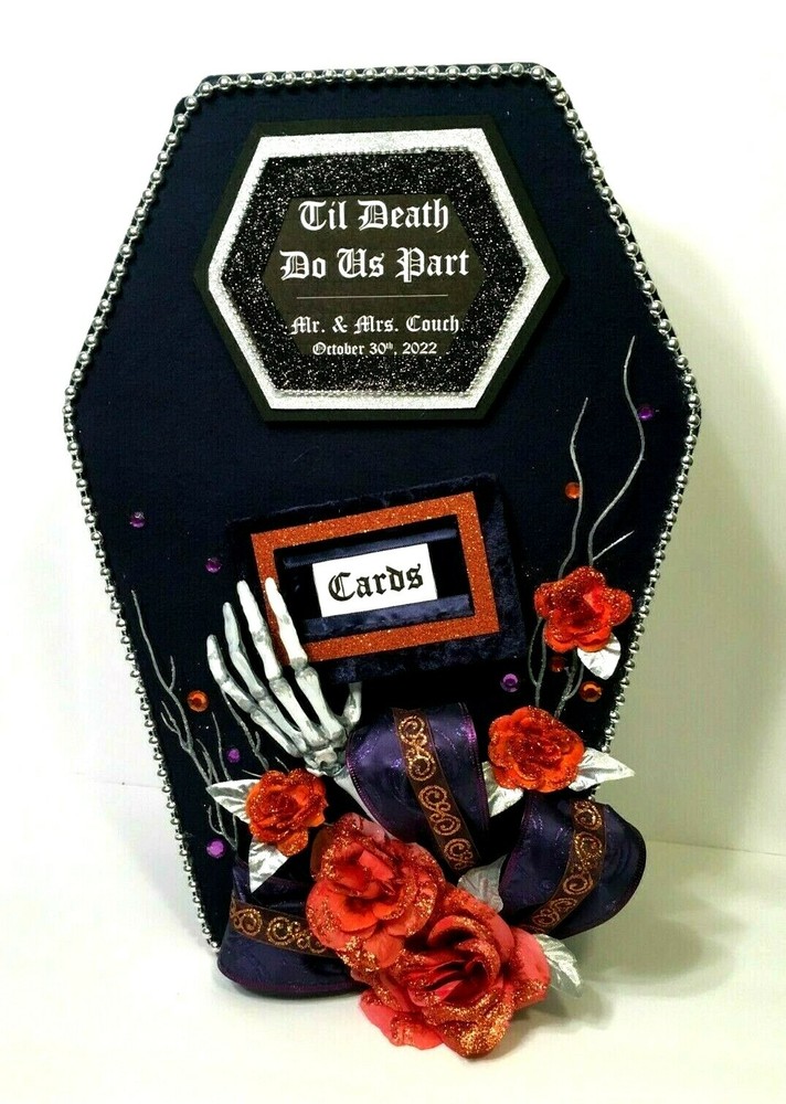Halloween Wedding card box,coffin,orange,gothic,fabric,custom,personalized,navy