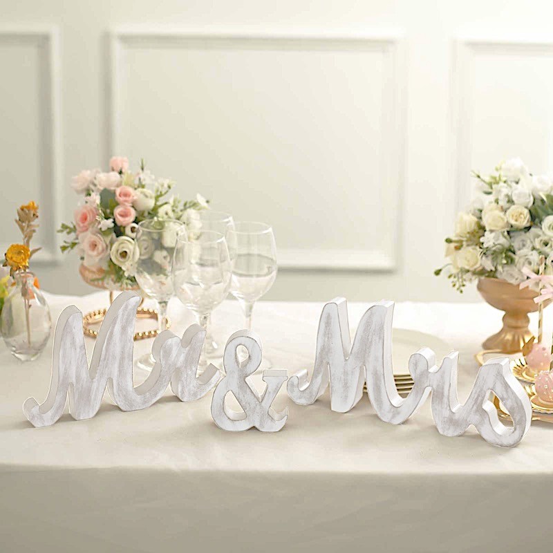 WHITE Glittered Wooden Mr & Mrs Freestanding Wedding Table DISPLAY SIGNS Party