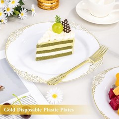 Goodluck 100PCS White and Gold Plastic Plates – 10.25” Heavy Duty Di