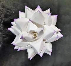 3 Handmade Paper Flowers on stems (White w/Purple tips) for Wedding, Valentine’s