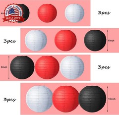 12 Pcs Round Paper Lanterns 4 Sizes 4-10 Inch Black White Red Decorative Hanging
