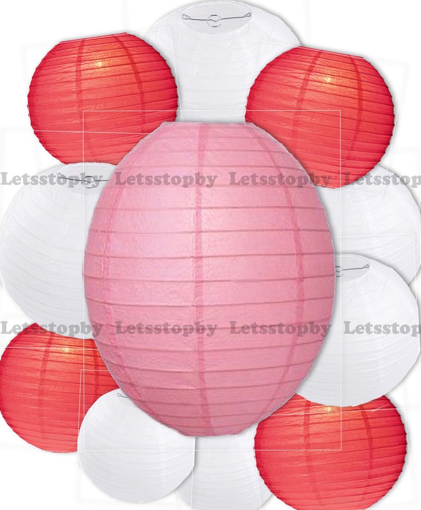12 pcs Red White Round Mixed Size Paper Lantern LED Light Valentine’s decoration