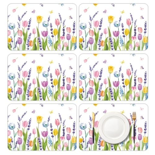 6 Pcs Lavender Tulip Placemats, 11×16 Inch Summer Floral colorful tulips