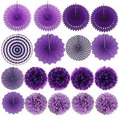 Party Decoration, 21 Pcs and Lavender Hanging Paper Fans, Pom Poms Purple