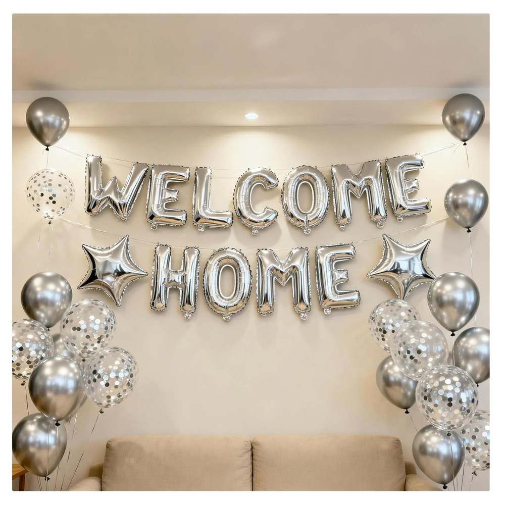 Welcome Home Letter Balloon Silver Banner with Star Confetti Balloons for Arm…