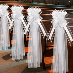 Large White Wedding Pew Bows with Tulle Tails – 12 Set Aisle Decorations