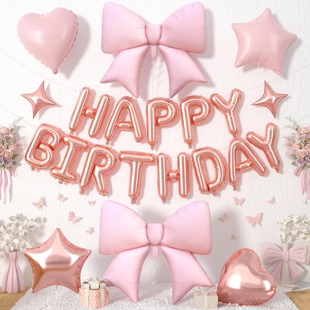 Rose Gold Birthday Decorations for Women,Pink Bow Birthday Decor 3D Foil Rose…