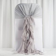 Silver Premium CHAIR COVER with Curly Chiffon Ruffled SASHES Wedding Light Gray