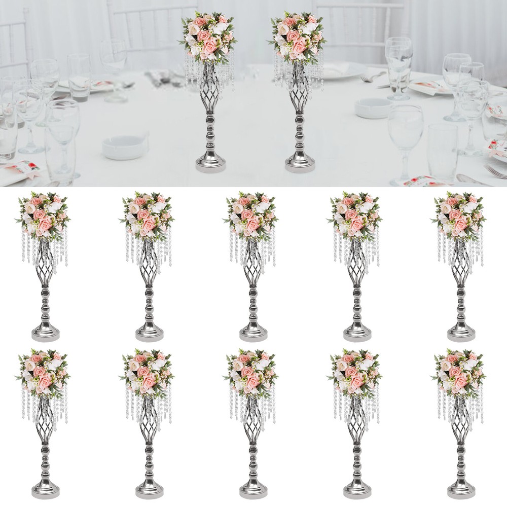 10Pcs Silver Crystal Flower Stands – 21.7in Wedding Table Centerpieces