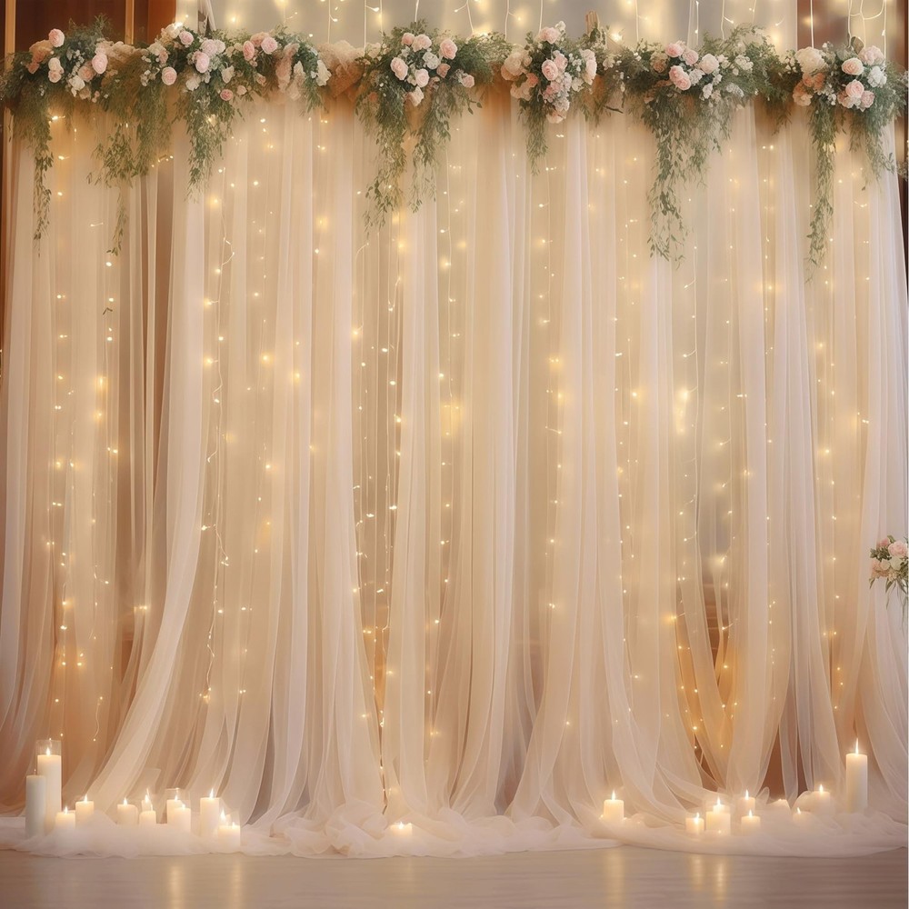 10×10ft Champagne Tulle Backdrop Curtain with Lights String for Parites, Sh