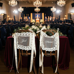 Just Married Wedding Chair Signs Set of 2, Sheer Lace Bride and Groom Chair Back