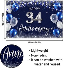 Happy 34th Anniversary Backdrop Banner – Navy Blue Silver Glitter, 47.2×70.9 in