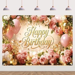 Happy Birthday Backdrop Banner For Women Girls Princess Pink Floral Flower Wa…