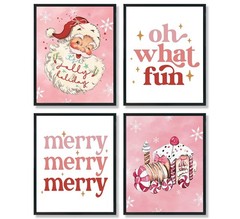 ULEGIE Pink Christmas Santa Claus Cookie Train Wall Art Prints Set of 4, Pink…