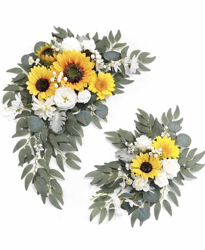 Sunflower & White Flower Greenery Wedding Backdrop, Artificial Floral Decor Swag