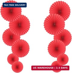Red Party Hanging Fans DIY Set – 12pcs Pinwheels & Flowers for Weddings, Bir