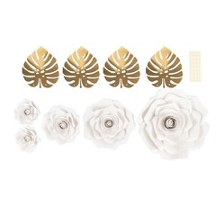9 WHITE 3D Rose Paper Flowers with Gold Monstera Leaves Wedding Decorations