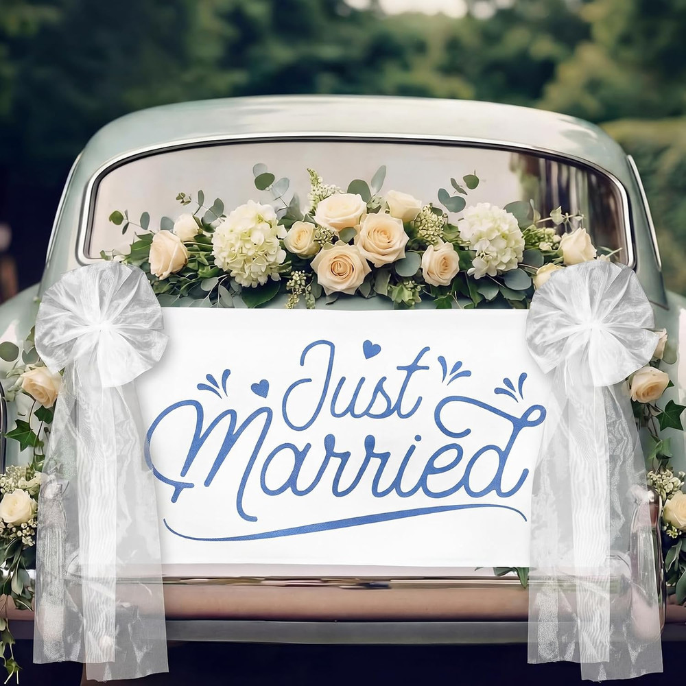 Just Married Burlap Banner White Tulle Bow Car Sign Decoration, Wedding Fabric B