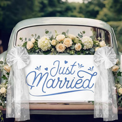 Just Married Burlap Banner White Tulle Bow Car Sign Decoration, Wedding Fabric B