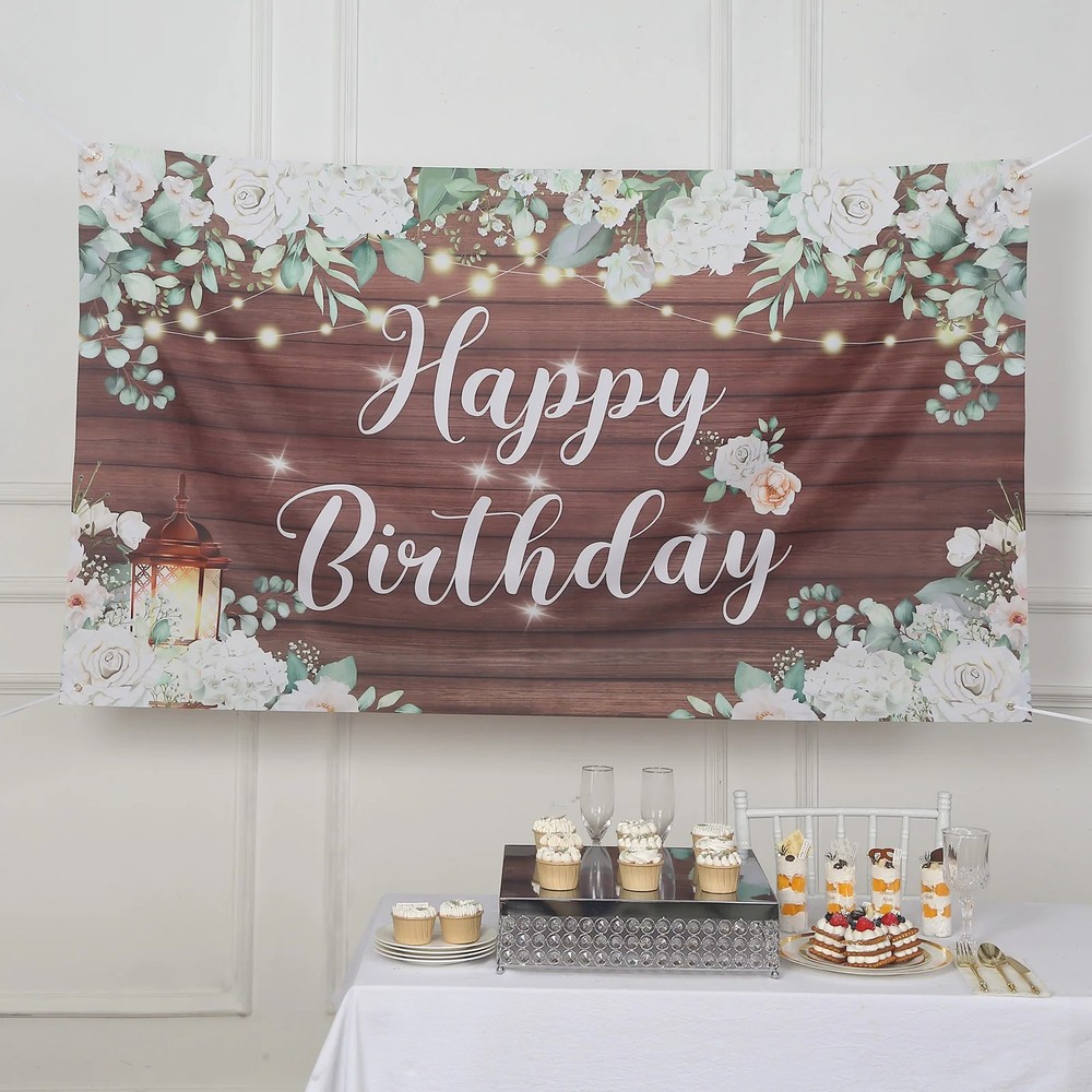 6 ft x 3 ft WHITE BROWN Wood Floral Printed Backdrop Happy Birthday BANNER Party