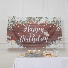 6 ft x 3 ft WHITE BROWN Wood Floral Printed Backdrop Happy Birthday BANNER Party