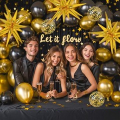 RUBFAC 140pcs Black and Gold Balloons, Black Metallic Gold Confetti Star Late…