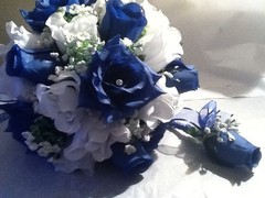 Royal Blue & White Wedding bouq& toss with matching groom bout and 6 bout white