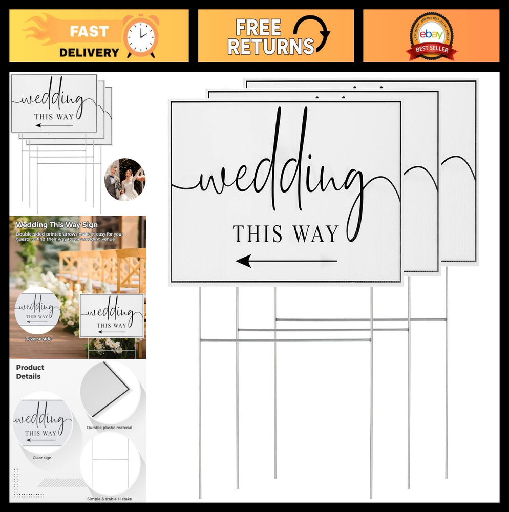 Wedding Direction Signs – 3 Pack Plastic Arrow Signs with H Stakes, Double-Sided